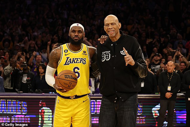 A little over a year ago, the Lakers star surpassed Kareem Abdul-Jabbar's record (right)
