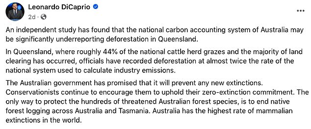 Leonardo DiCaprio attacks Australian state over deforestation reports and urges
