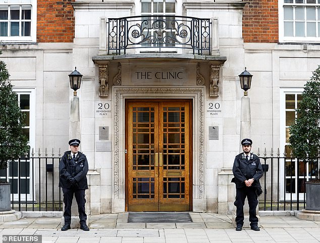 The London clinic, where the Princess of Wales was treated after undergoing abdominal surgery, opened in 1932. Above: Police outside the hospital in January