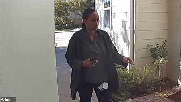 Footage from Chahoain's Ring doorbell camera showed two plainclothes investigators from the Los Angeles District Attorney's Office handing her a letter reprimanding her for speaking out.