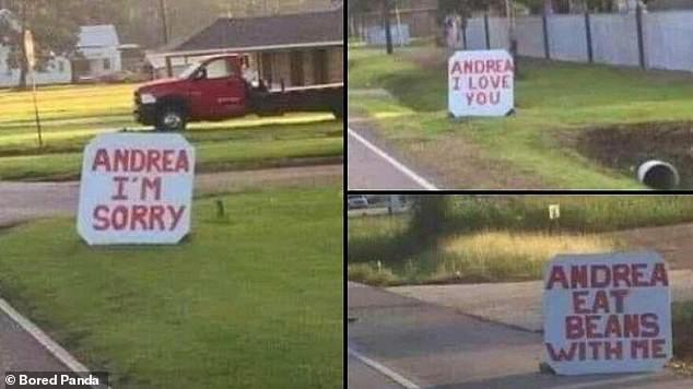 Who said romance was dead? One person, believed to be from the US, shared an image of a lawn sign apologizing to Andrea.