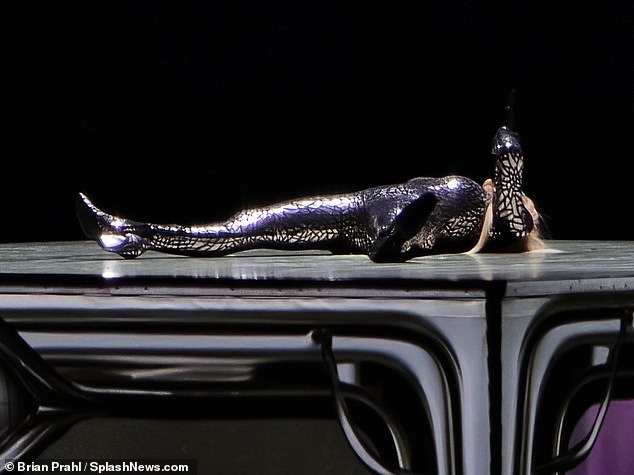 Madonna continued her sexy antics during her concert in conservative Phoenix, Arizona, on Saturday night, reclining on a giant silver cube during her The Celebration Show tour.