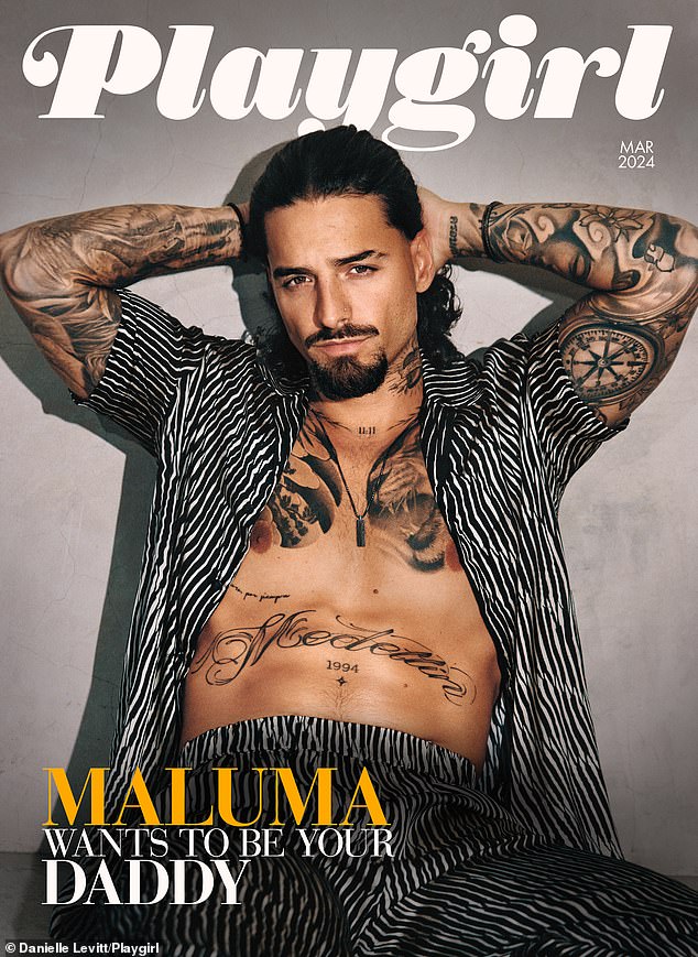 Maluma showed off his sexy tattooed body while posing for Playgirl.com to celebrate the relaunch of his hot website.