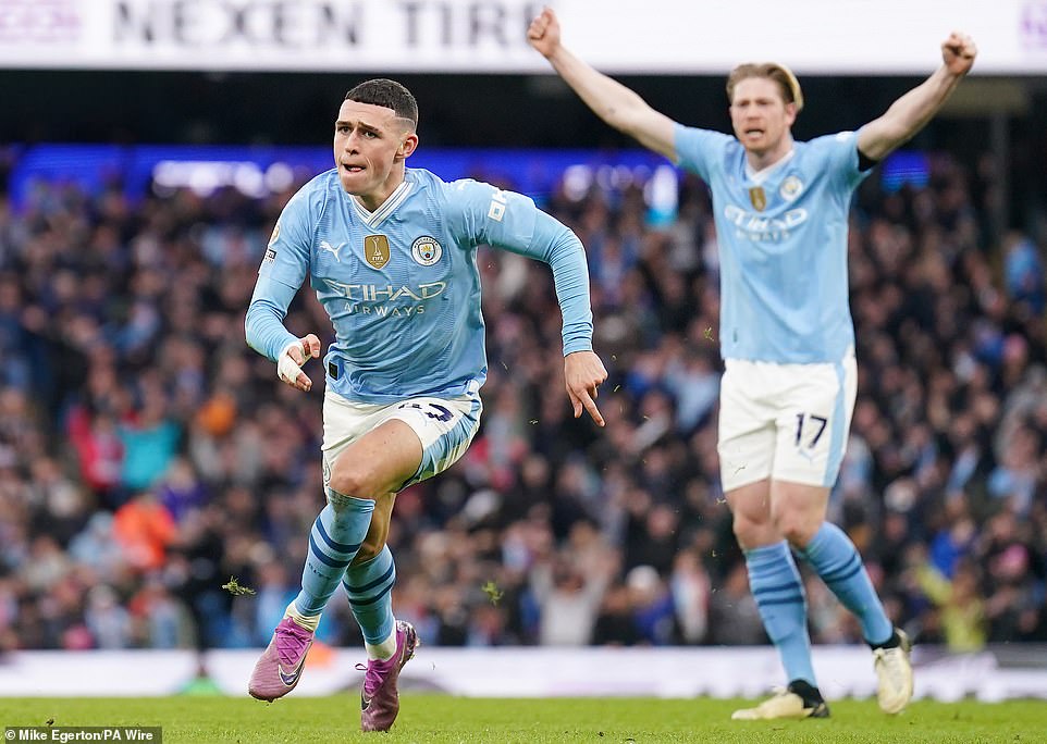 Phil Foden (left) scored two goals to complete a spectacular comeback during the Manchester derby on Sunday afternoon.
