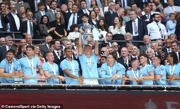 LONDON, ENGLAND - JUNE 3: Erling Haaland of Manchester City with the trophy during the Emirates FA Cup Final match between Manchester City and Manchester United at Wembley Stadium on June 3, 2023 in London, England. (Photo by Rob Newell – CameraSport via Getty Images)