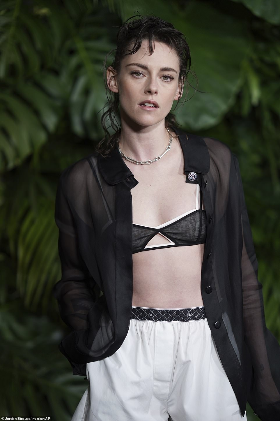 The actress donned a black and white bralette top, as well as a pair of white shorts from the luxury brand that contained black trim around the waist.