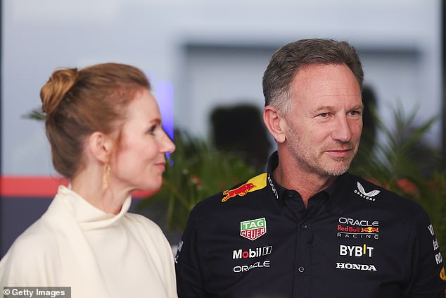 Team manager Christian Horner, pictured with his wife Geri Halliwell, is at the center of a scandal over alleged 'sexual texts' he sent to an employee.