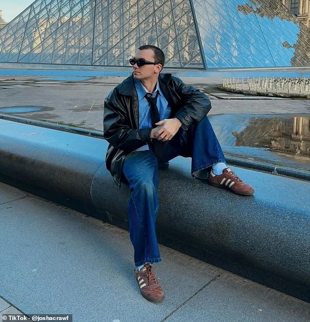 He has logged 260,212 miles over the past five years, taking 123 flights to more than 30 cities around the world.  Above, pictured on a recent trip to Paris