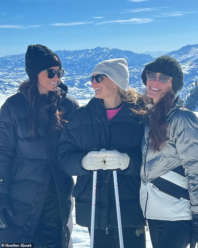 Meghan Markle (left) on Powder Mountain in Utah with friends Heather Dorak (center) and Kelly McKee Zajfen (right), in a photo posted to Instagram today by Dorak and Zajfen.