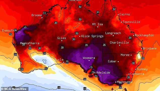 South Australia is experiencing a severe heatwave and fire danger conditions (pictured, heat forecast map)