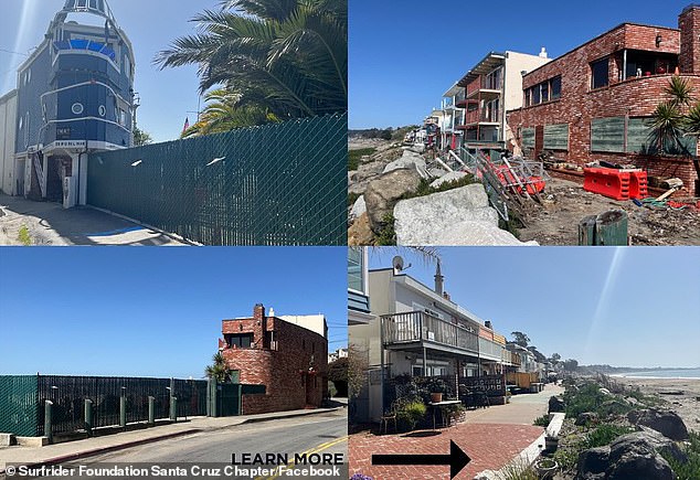As the feud continues, the beachfront owners have clashed with other residents, the Coastal Commission and Santa Cruz County in court and on social media. (Pictured: a collage of photos showing the progress of the construction of the fence)