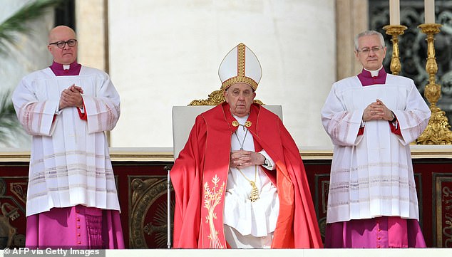 Pope Francis at Palm Sunday mass in St. Peter's Square at the Vatican, one day after being discharged from hospital