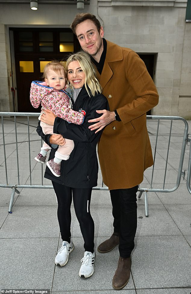 Mollie King, 36, was supported by her fiance Stuart Broad, 37, and their daughter Annabella, 16 months, as she started her 500km solo cycling challenge for Red Nose Day on Monday.