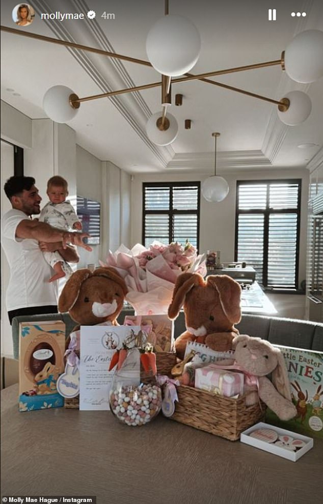 Molly-Mae Hague and Tommy Fury, both 24, showered their 14-month-old daughter Bambi with a display of gifts for Easter Sunday.