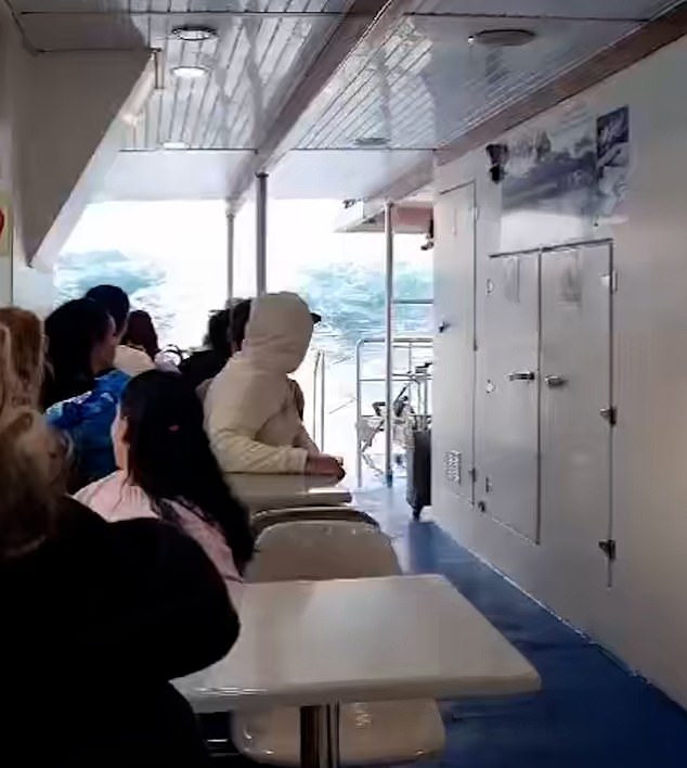 You can see the huge wave rising to at least one deck of the ferry.