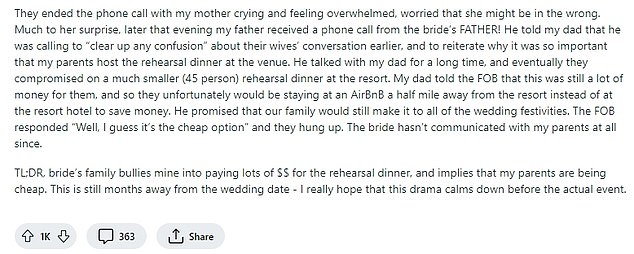 Mother of the groom left in TEARS after being branded as cheap by