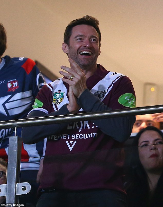 Hugh Jackman, 55, quickly returned to New York and will not see his Manly Sea Eagles play during their historic season-opening double-header in Las Vegas.  Pictured supporting Manly against the Roosters in 2015.