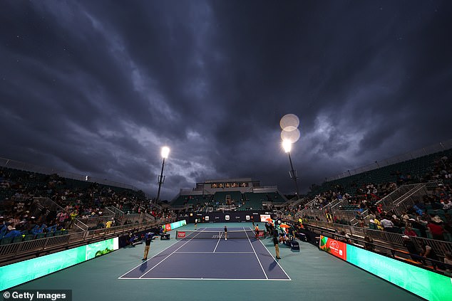 This comes after Miami International Airport was forced to close after Florida was hit by torrential storms on Saturday.  The Miami Open at Hard Rock Stadium (pictured) was also forced to end early on Friday due to the storm.