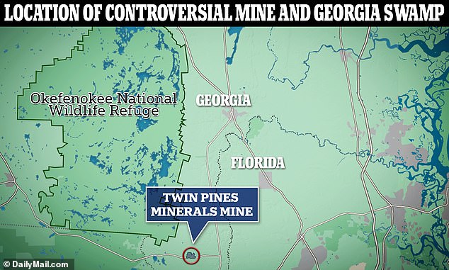 The Twin Pines Mineral Mine is located just 2.9 miles from the southeastern edge of the swamp.