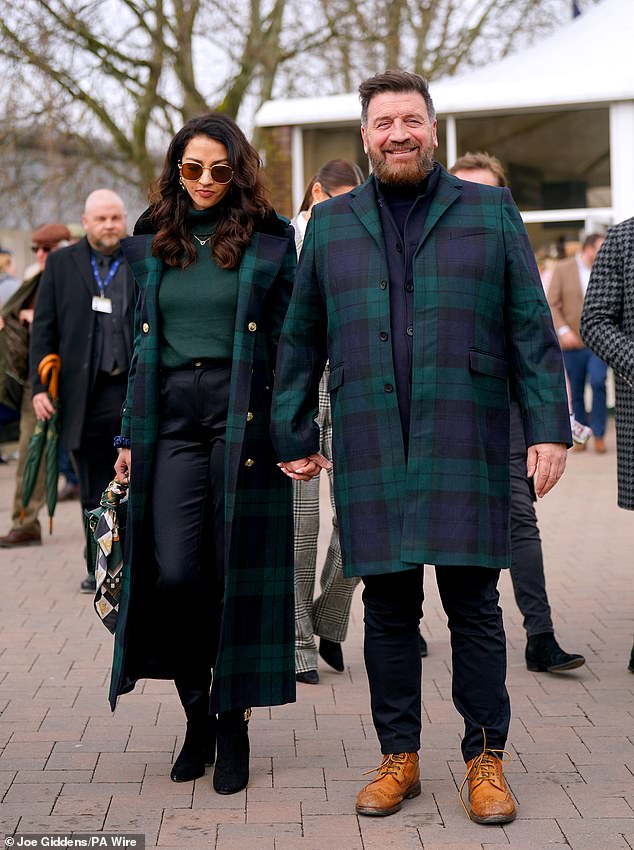 The stars were out in force for the final day of the Cheltenham Festival on Friday with Nick Knowles, 61, and his fiancee Katie Dadzie, 33, wearing matching tartan