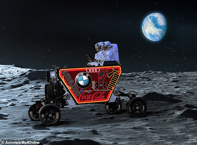 Astrolab aims to send its 'Flex' rover to the Moon in 2026, although it's unclear exactly how the lunar rover would participate in the flogging of the latest products.  Advertisements could appear on the side of the buggy, which has been designed to transport humans and materials around the moon (MailOnline impression)
