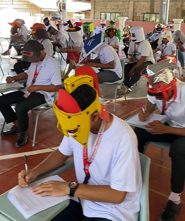 Almost all 70 students participated, designed their own helmet and wore it during their exam on March 19.