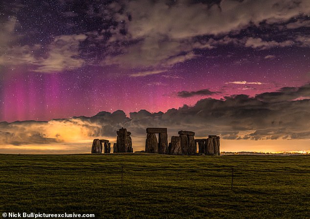 Stonehenge in Wiltshire with the Northern Lights on Sunday March 3, the first major Northern Lights show of 2024 in the UK