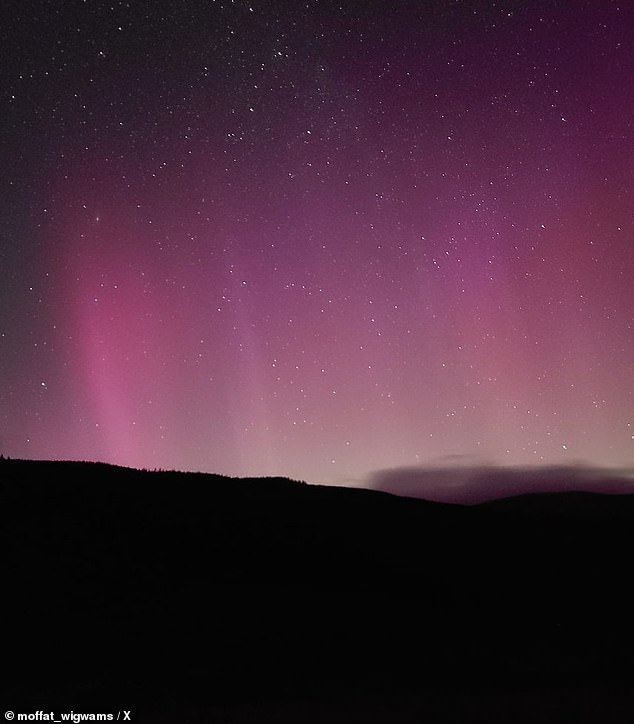 This photo was posted on X by user @moffat_wigwams and shows the aurora as seen from Moffat in Dumfriesshire, Scotland.