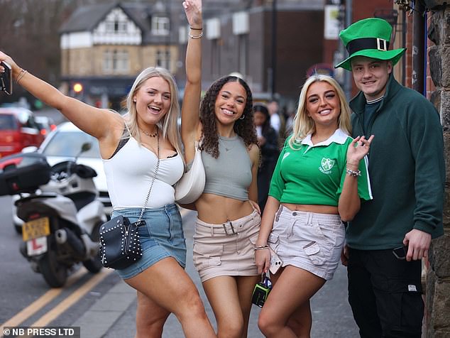 LEEDS: Group of friends take to the streets to celebrate St. Patrick's Day with green jerseys and leprechaun hats on display