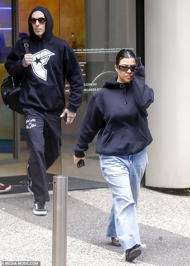 Kourtney Kardashian and Travis Barker took time out of their busy schedule to visit the Alchemy Cryotherapy Center in South Yarra on Thursday.