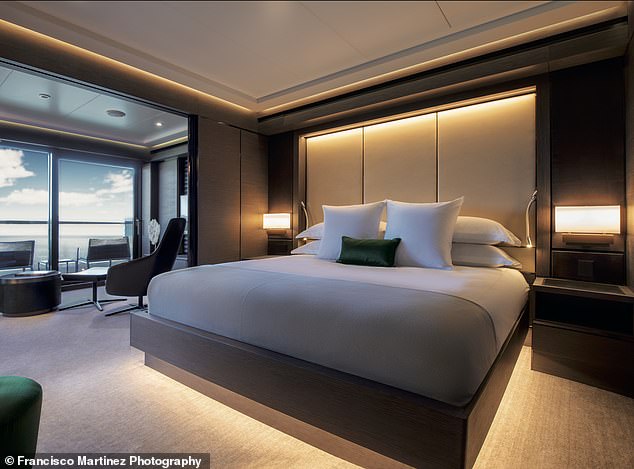 Evrima welcomed its first guests last summer.  Pictured is the bedroom inside the ship's 'grand suite'