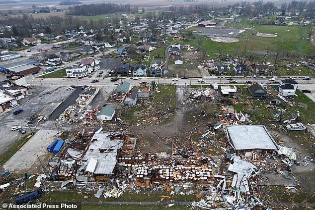 Debris litters the ground after a violent storm in Lakeview, Ohio