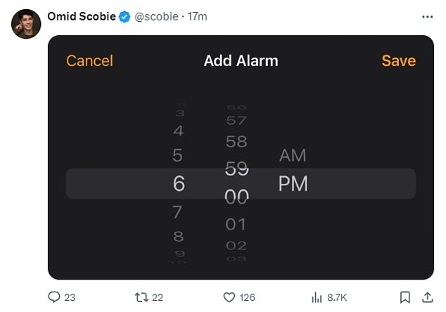 Omid Scobie this afternoon tastelessly posted a screenshot of the alarm clock set for  18 - the exact time Kate released her heartbreaking statement about her cancer