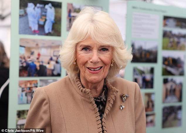 Queen Camilla smiles in Shrewsbury during her visit to the farmers market yesterday afternoon.