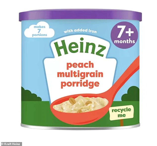 Of 1,297 products assessed internationally, including 218 sold in UK supermarkets, none were considered suitable for promoting consumption to children.  In the photo, one of the products that did not meet WHO nutrition and marketing standards: Heinz Peach Multigrain Porridge for Babies 7 Months and Up from Kraft Heinz.