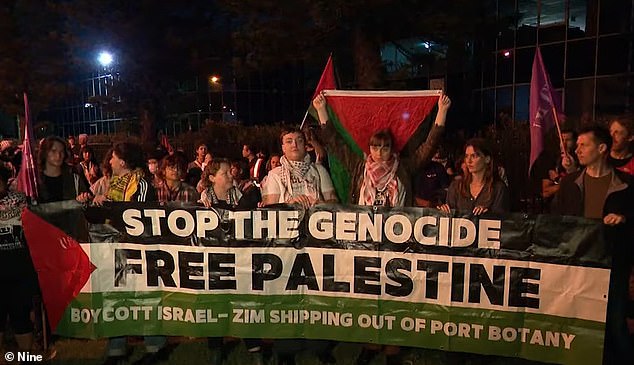 Pro-Palestinian protesters gathered at Port Botany to protest against Israeli-owned shipping line ZIM unloading cargo after docking at the port.