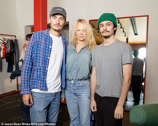 Pamela Anderson celebrated the launch of her RE/DONE collaboration with her two sons, Brandon Thomas Lee and Dylan Jagger Lee