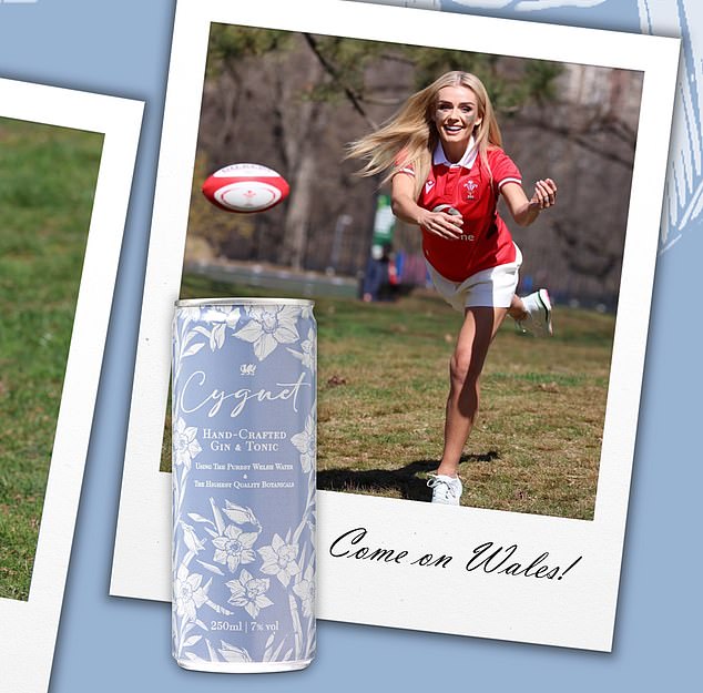 Katherine Jenkins donned a red Welsh rugby kit as she posed for promotional photos for her gin brand Cygnet on Thursday