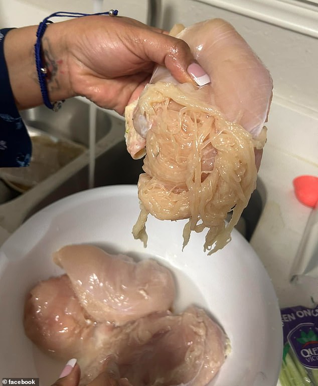 Alesia Cooper, from Texas, posted a photo of a chicken she had bought at Aldi that looked like stringy spaghetti.