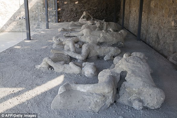 The Orto dei fuggiaschi (The Garden of the Fugitives) shows the 13 bodies of the victims who were buried under ashes when they tried to flee Pompeii during the eruption of the volcano Vesuvius in 79 AD