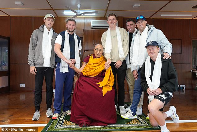 (Left to right) Tom Hartley, Gus Atkinson, Zak Crawley, Dan Lawrence, Marcus Trescothick and Ollie Pope met the Dalai Lama (centre) on Wednesday.