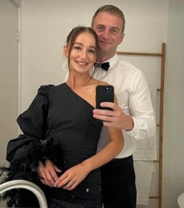 Liam Trimmer is pictured with his fiancée Lilly Watts.  They were excited about the birth of their first child when he died on Sunday at their engagement party