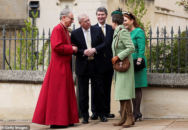 Prince Andrew smiled today as he walked front and center alongside the royals while attending the Easter Sunday service in Windsor.