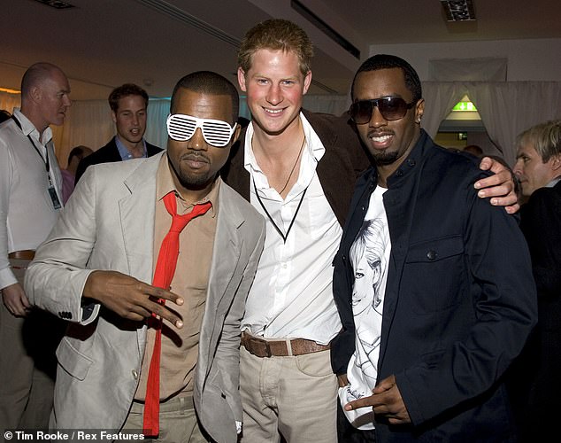 Kanye West, Prince Harry and P Diddy after the post-concert for Diana at Wembley in July 2007