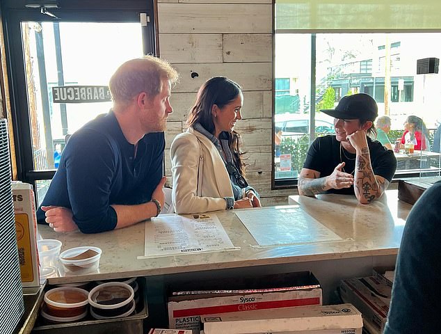 Harry and Meghan with the owner of La Barbecue de Austin, Alison Clem.  Apparently they ordered brisket and sausages.