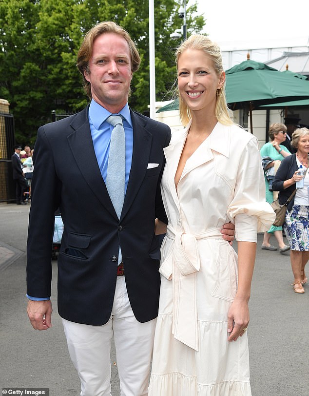 The body of the financier, who was found dead last month aged 45, was carried in a funeral procession that began at Kensington Palace, the family home of his widow, Lady Gabriella Windsor. Above: The pair are pictured here at the Wimbledon Tennis Championships in July 2019