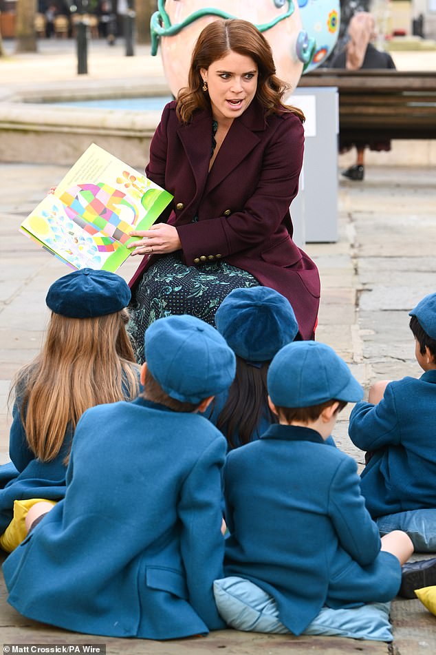 Princess Eugenie read to schoolchildren as she promoted Queen Camilla's late brother's elephant conservation charity, Elephant Family, in London.