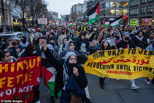Hundreds of pro-Palestinian protesters have flooded the streets of New York as part of a noisy demonstration on International Women's Day.
