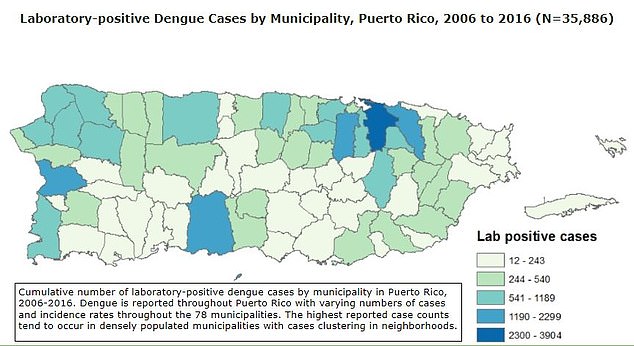 The latest CDC data for Puerto Rico only goes back to 2016, but health officials have announced that the territory has seen 549 cases of dengue this year.