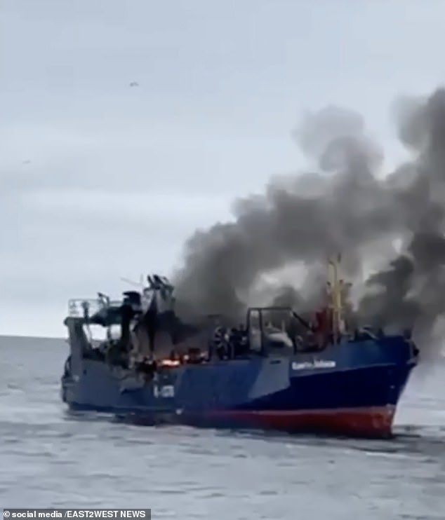 The fishing boat – named Captain Lobanov – lets out smoke after coming under missile attack off the Russian enclave of Kaliningrad.